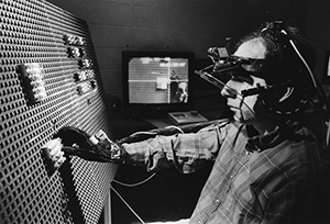 Jeff Pelz using head-mounted eyetracker while completing tasks.