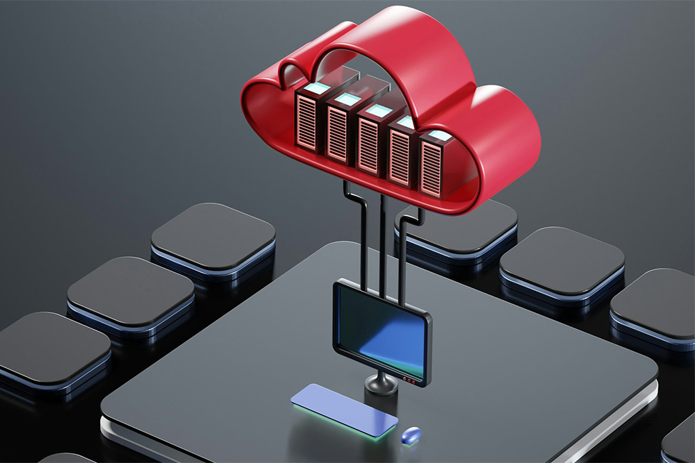 A computer illustration of a CPU and cloud storage.